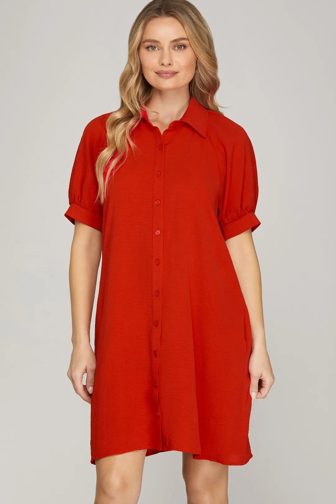 SHE + SKY SHORT SLEEVE BUTTON DOWN MINI DRESS WITH POCKETS-RED