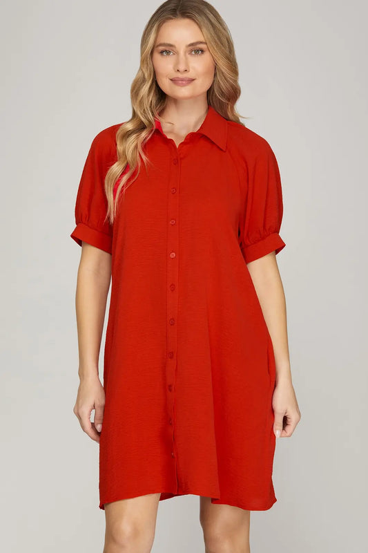 SHE + SKY SHORT SLEEVE BUTTON DOWN MINI DRESS WITH POCKETS-RED