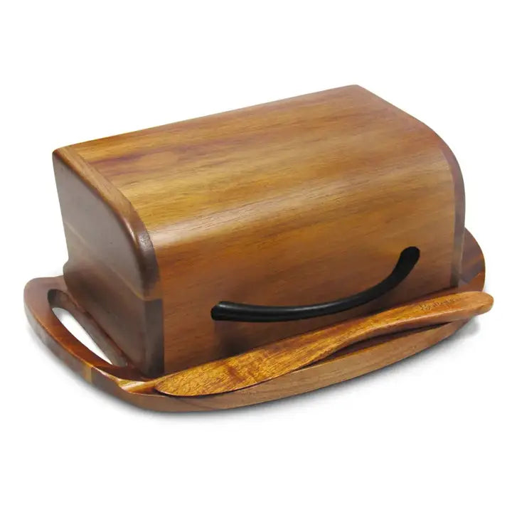 Butterie Acacia Wood Flip-Top Butter Dish w/ Spreader - Black Handle