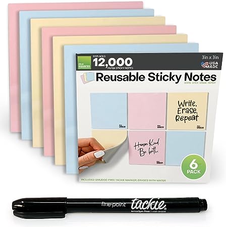 M.C. Squares Reusable Sticky Notes | 3" x 3" 6 Pack of Colorful Stickies | Wet & Dry Erase Post Notes | Re-Stickable | Cling to Stainless Steel, Glass, Plastic | Includes Wet Erase Marker | USA Made