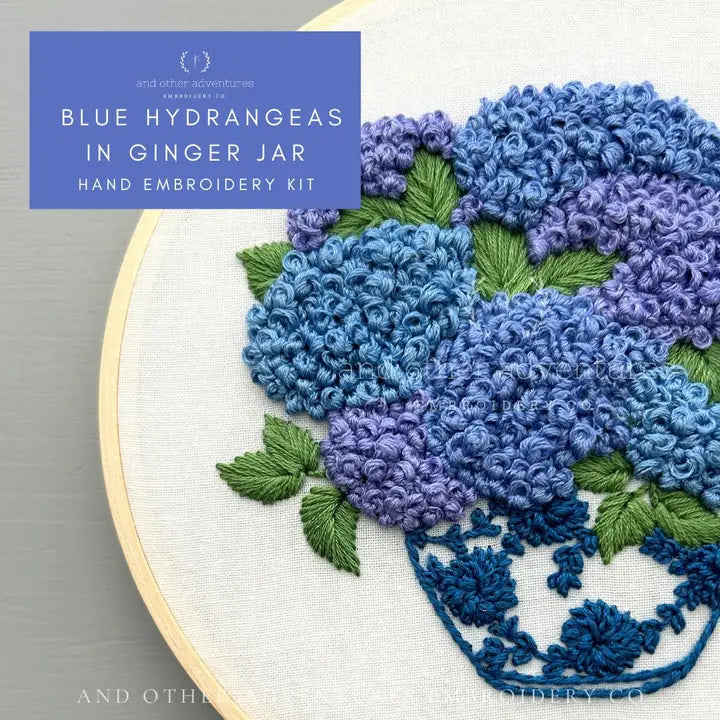 And Other Adventures Embroidery Co Hand Embroidery Kit - Blue Hydrangeas in Ginger Jar