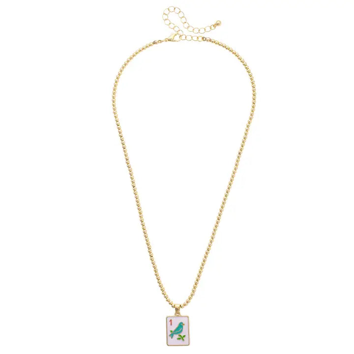 Canvas Style Sparrow Mahjong Tile Ball Bead Necklace in White