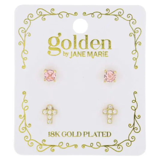 Jane Marie Kids 18K Gold Plated Stud Set, Pink Crystal, Cross Earrings