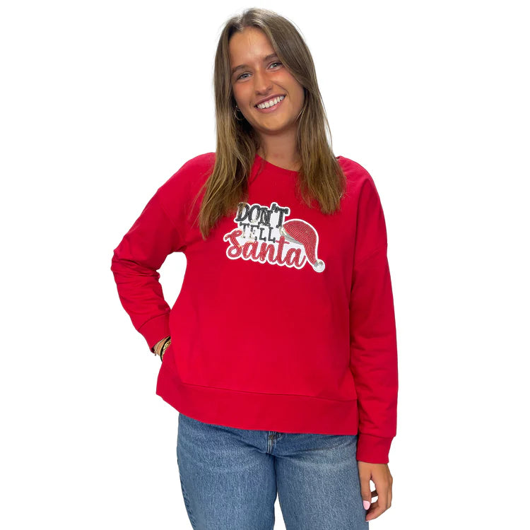 A Walk In The Park Don't Tell Santa Sequin Boxy Crew