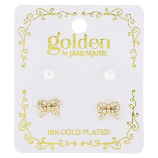 Jane Marie Kids 18K Gold Plated Stud Set, Pearl, Crystal Bow Earrings