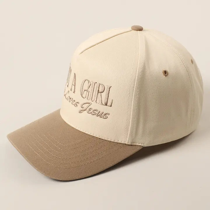 Just A Girl Who Loves Jesus Embroidery Trucker Hat-Beige