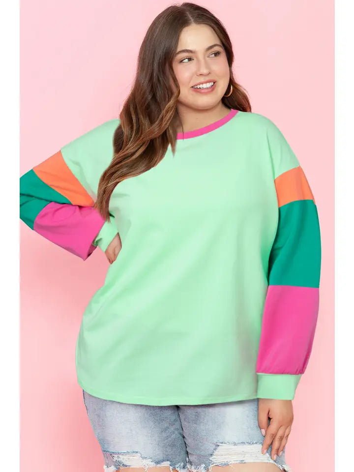 Color Block Round Neck Long Sleeve T Shirt-Green