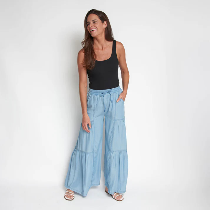 ELSIE & ZOEY  Delaney Wide Leg Tiered Drawstring Chambray Pants