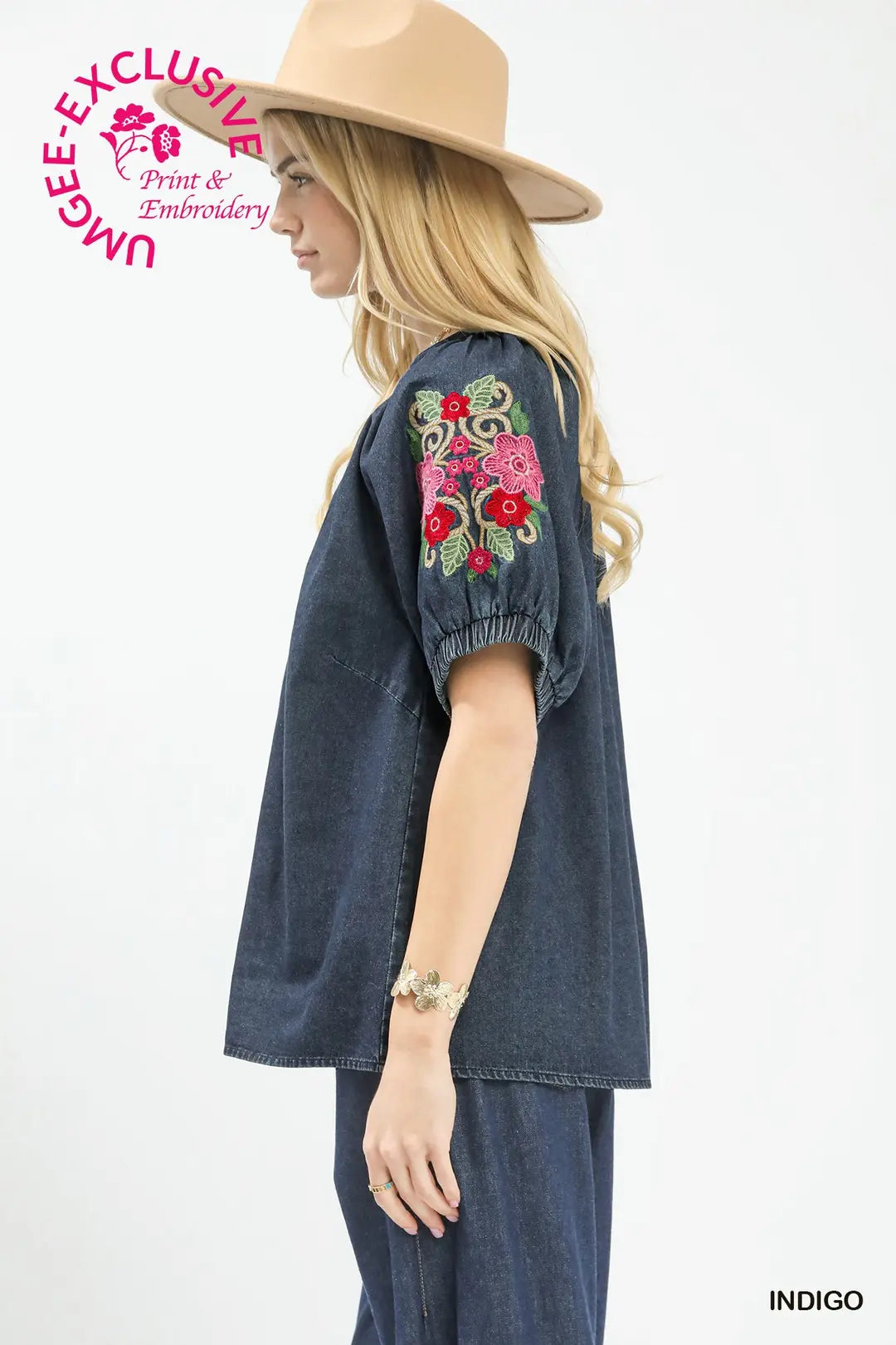 Umgee Denim Embroidered Puff Sleeve Boho Top