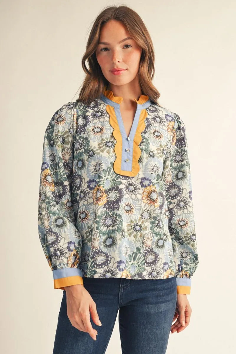 Entro Long Sleeves Notched V Neck Floral Top
