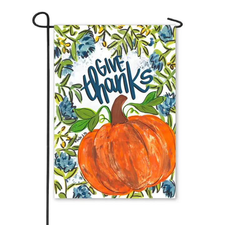 Baxter & Me Blue Give Thanks Pumpkin Floral Garden Flag