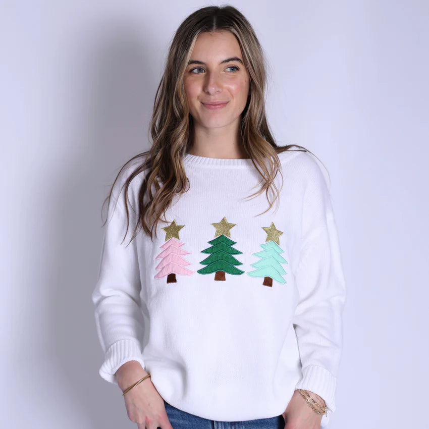 TOP IT OFF PIPPA SWEATER WHITE WITH CHRISTMAS TREES