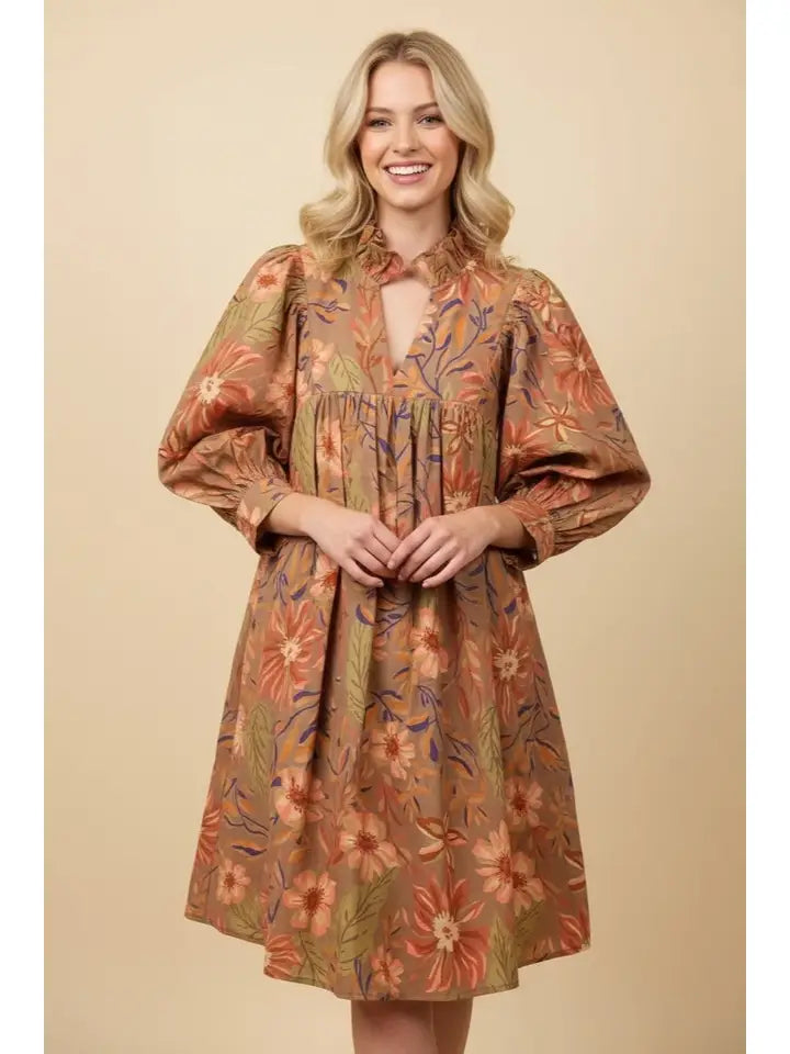 Heimish Botanical Print Puff Sleeve Ruffle Neck Mini Dress