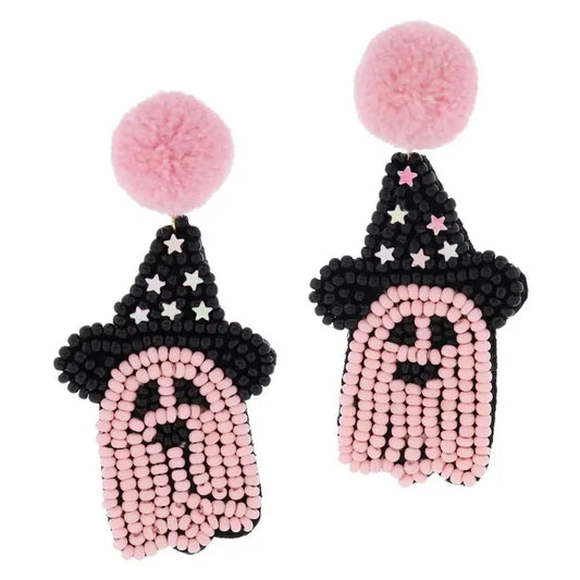 Jane Marie Pink Pom Post with Pink Ghost in Witch Hat & Stars Earrings