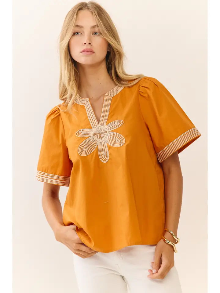Oddi Embroidered Floral Motif Blouse-Persimmon
