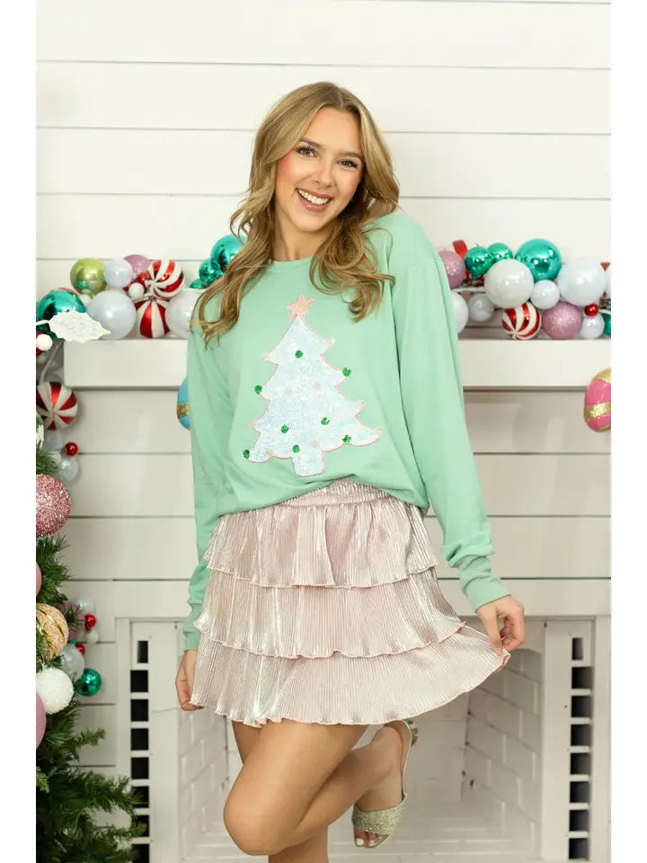 Grace + Emma Sequin Tree Patch On Mint Sweatshirt