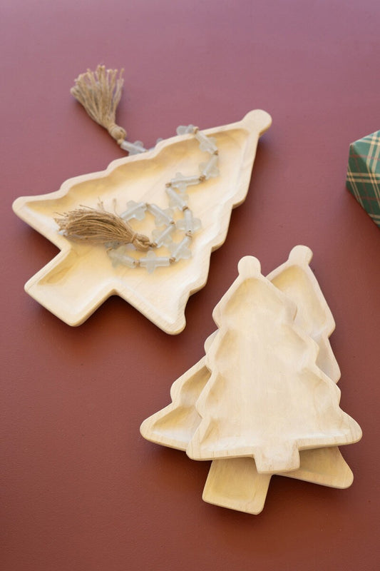 Kalalou Carved Wood Christmas Tree Platters