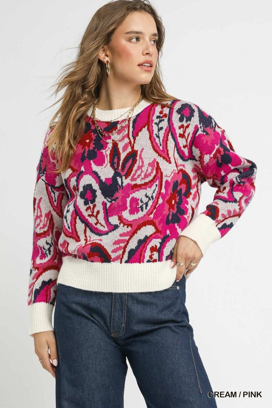 Umgee Paisley Knit Sweater With Ribbed Trim
