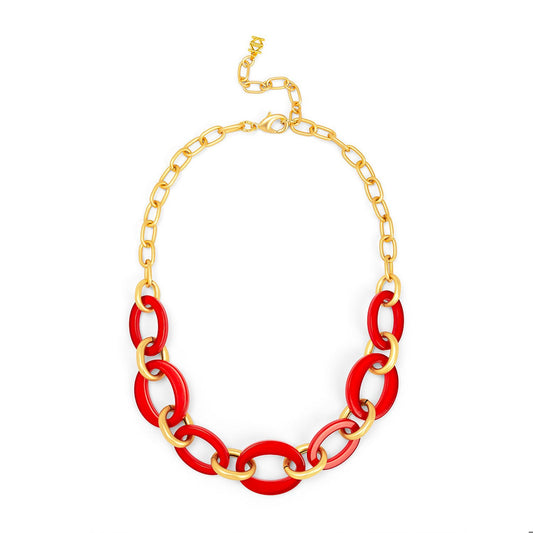 ZENZII Resin Oval Link Matte Gold Collar Necklace-Red