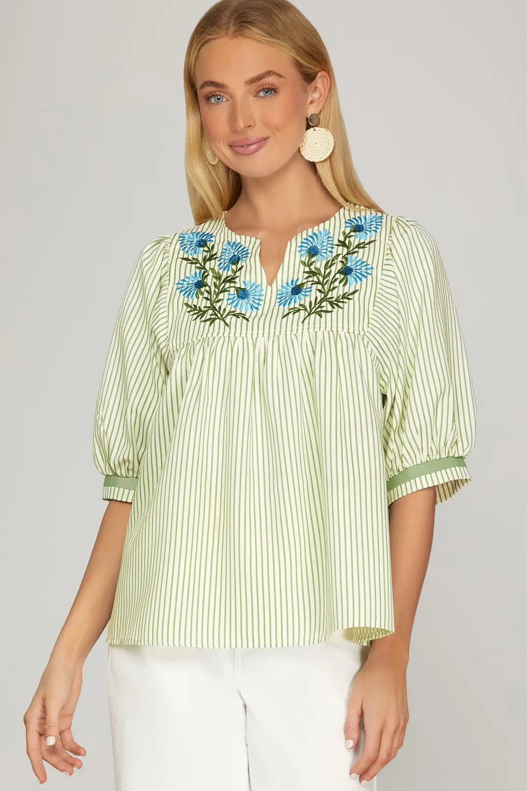 SHE + SKY 1/2 SLEEVE FRONT EMBROIDERED STRIPE TOP-SAGE