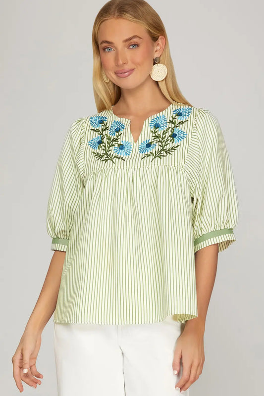 SHE + SKY 1/2 SLEEVE FRONT EMBROIDERED STRIPE TOP-SAGE