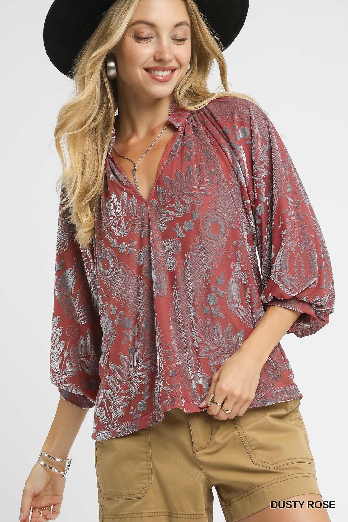 Umgee Damask Print Velvet Split Neck Top