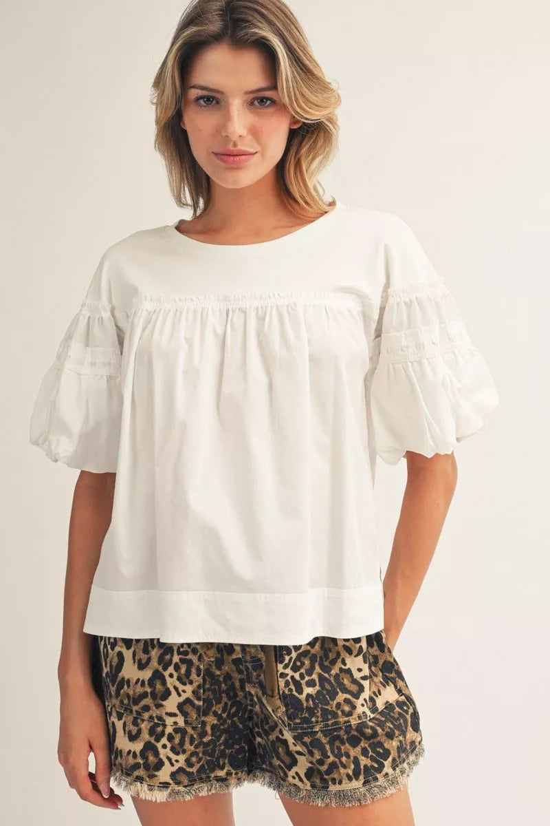 Jodifl Pleat Detail Puff Sleeves Solid Fabric Mix Top