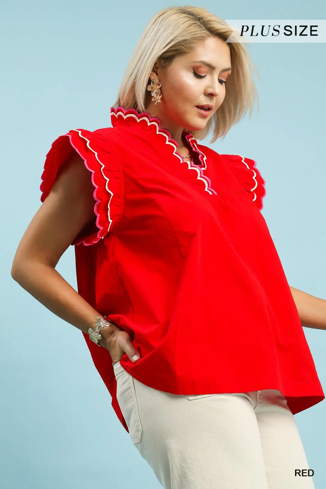Umgee Scallop Trim Ruffle Sleeve Top-Red