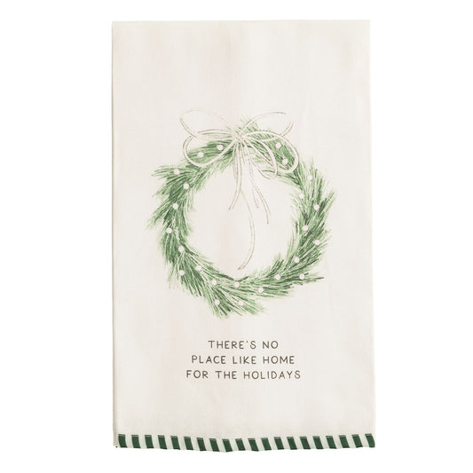 MUD PIE WREATH WHITE CHRISTMAS STRIPE HEM TOWEL