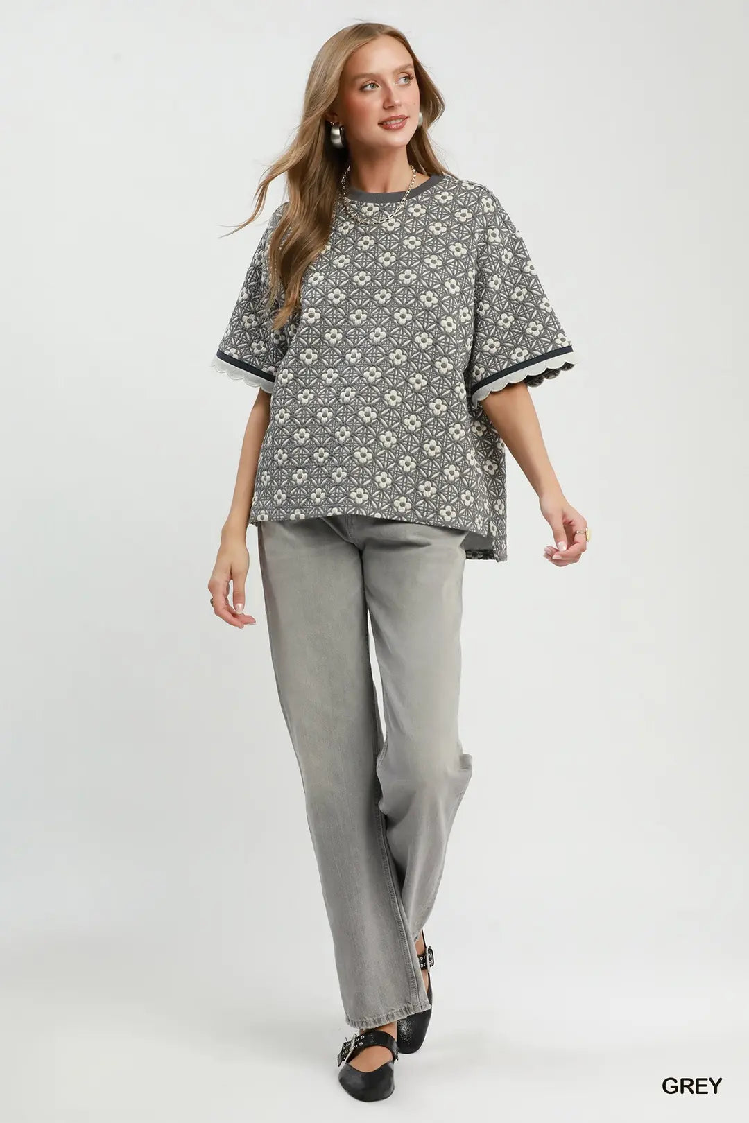 Umgee Jacquard Crew Neck Top