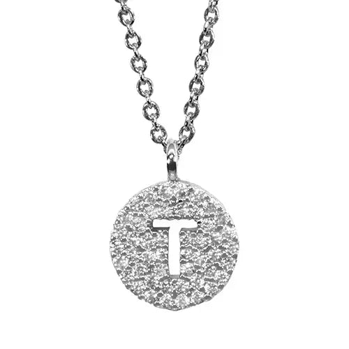 Maya J White Initial Cut Out Pave Disc Necklace-T