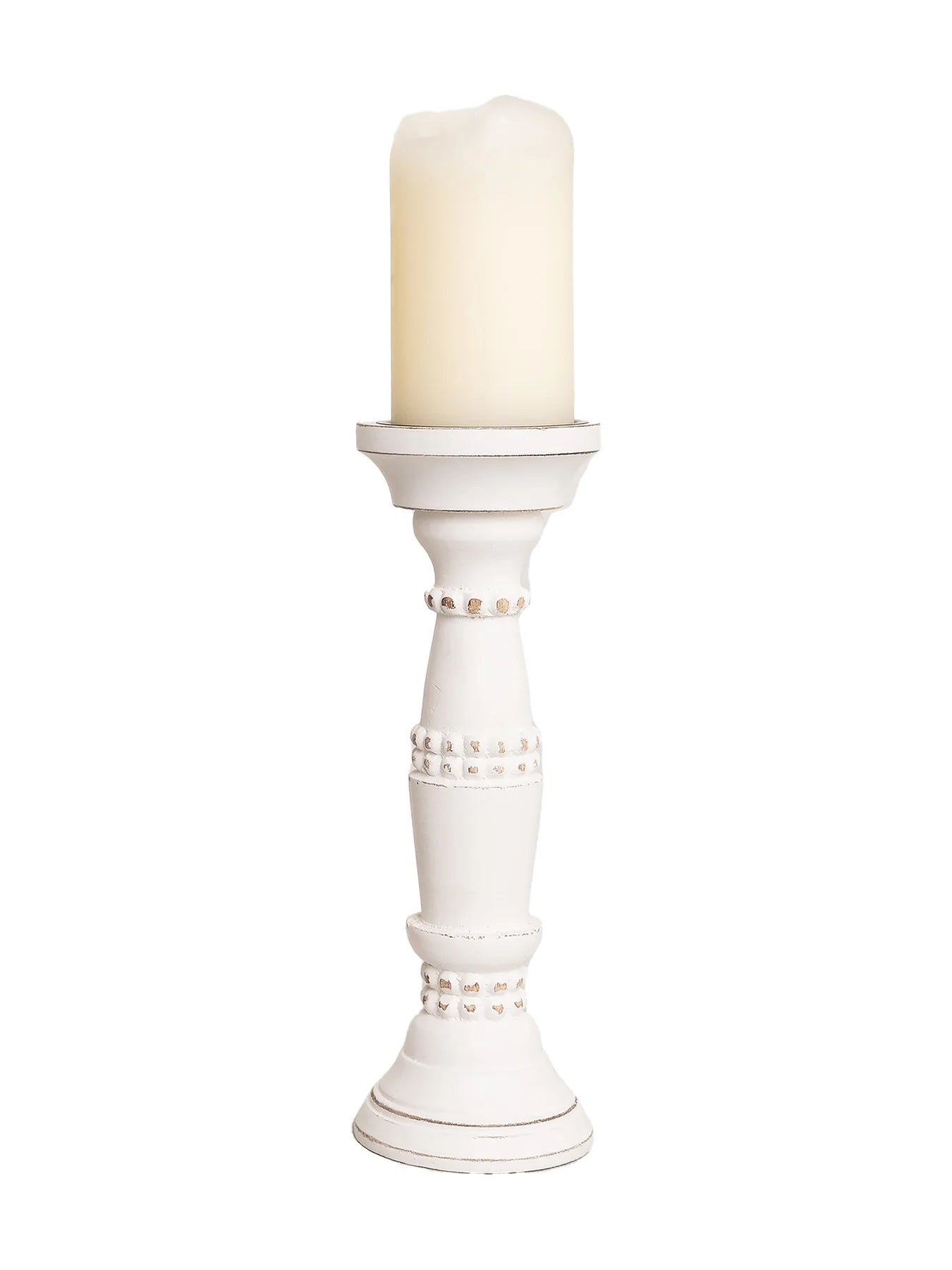 Mary Square  Beaded Candle Stick Whitewash Small