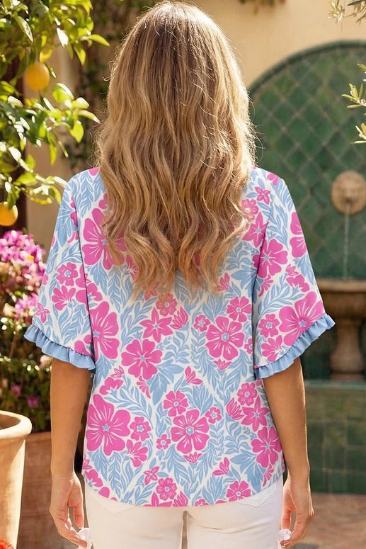 Floral Printed Lace Decorative Shorts Sleeve Top-Rose