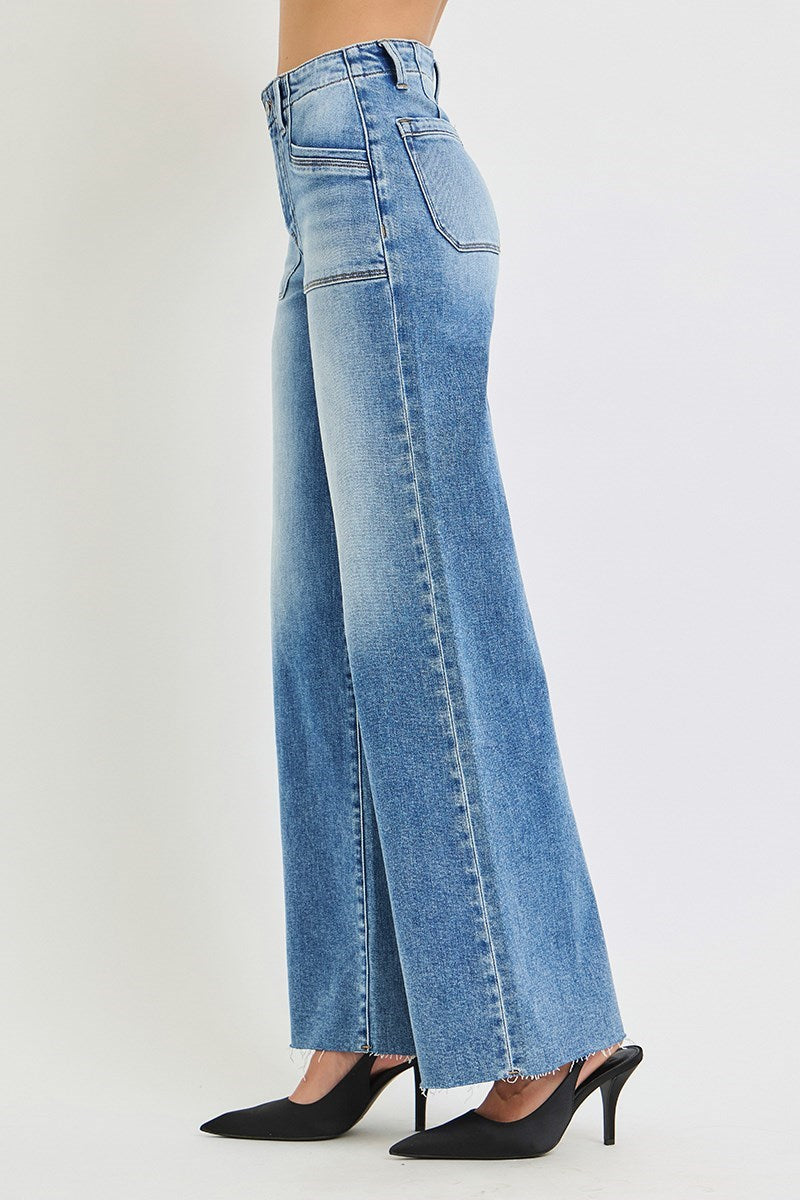 RISEN HIGH RISE WIDE LEG JEANS WITH FRONT PATCH POCKET DETAIL