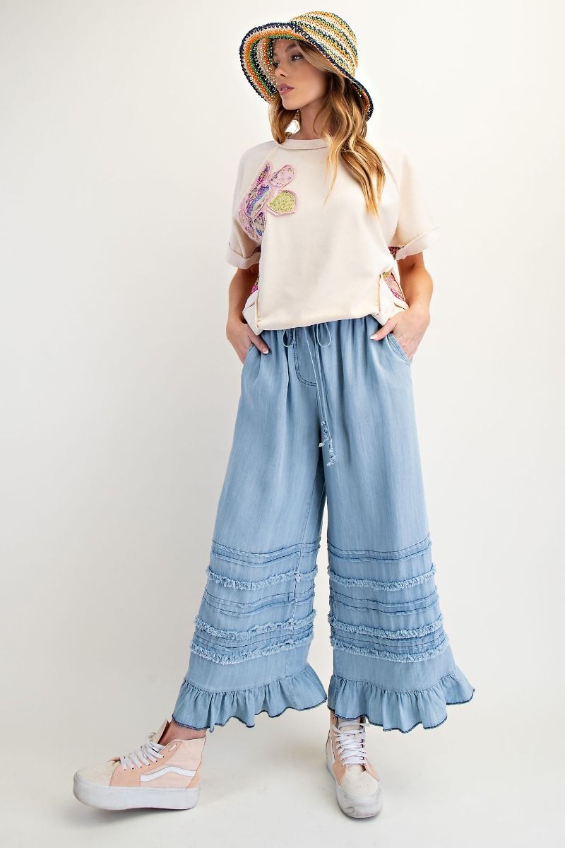 EASEL SELF FRAY WASHED CHAMBRAY PANTS
