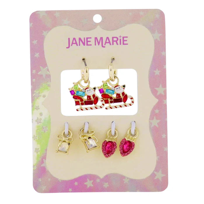 JANE MARIE Gold Interchangeable Huggie with Santa in Sleigh, Crystal with Bow, Pink Christmas Bulb