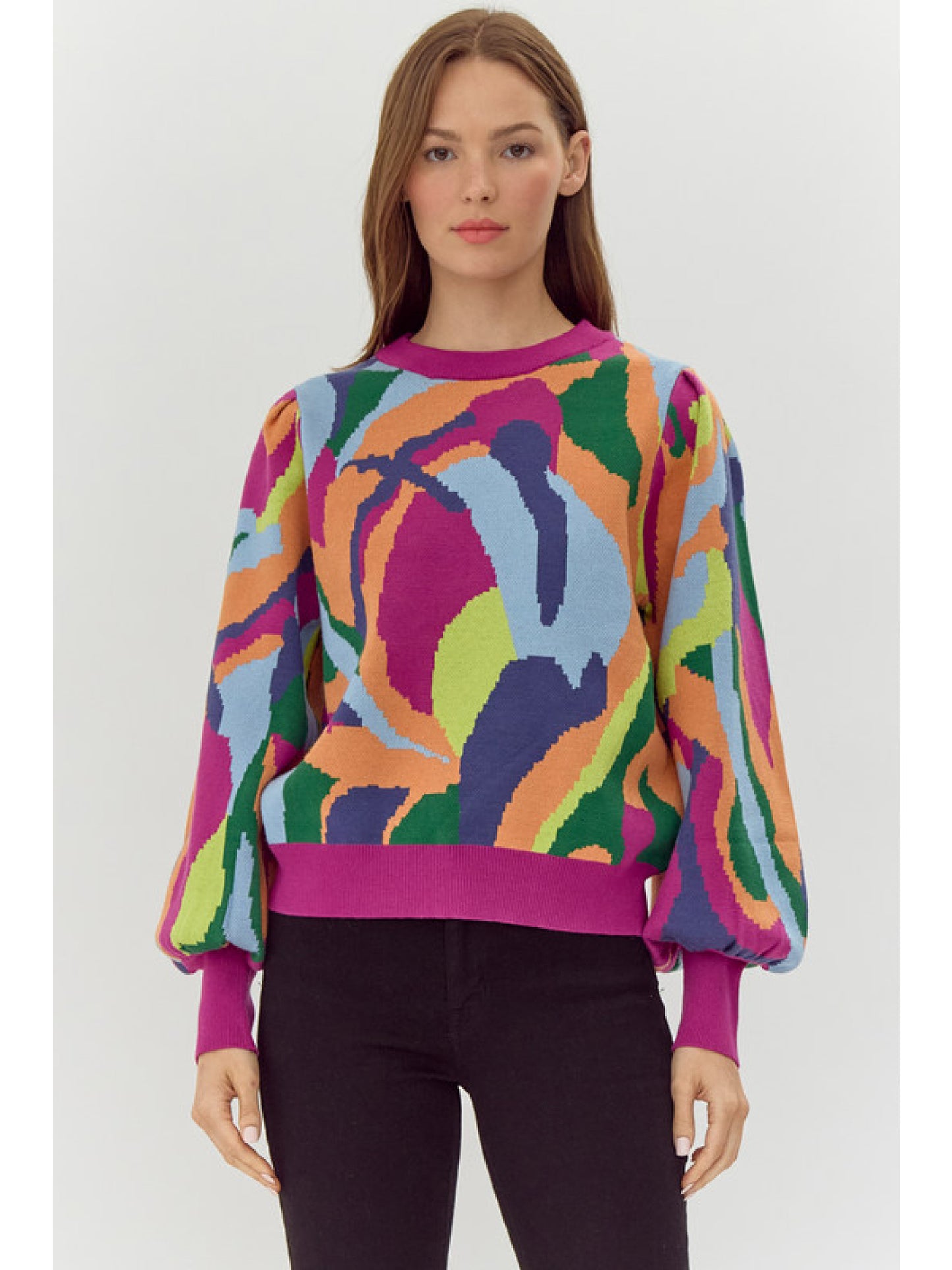 Jodifl Abstract Print Knit Pullover Top-Magenta