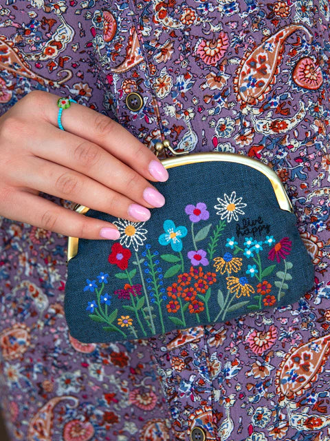 Natural Life Embroidered Kisslock Coin Purse-Washed Navy
