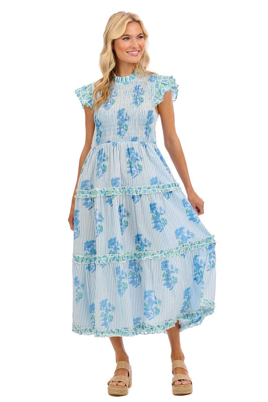 MUD PIE PERIN SMOCKED MIDI DRESS-BLUE