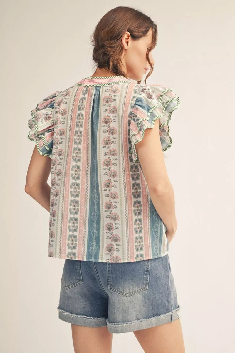 Jodifl Layered ruffle cap sleeves boho floral top-Mauve/Pink
