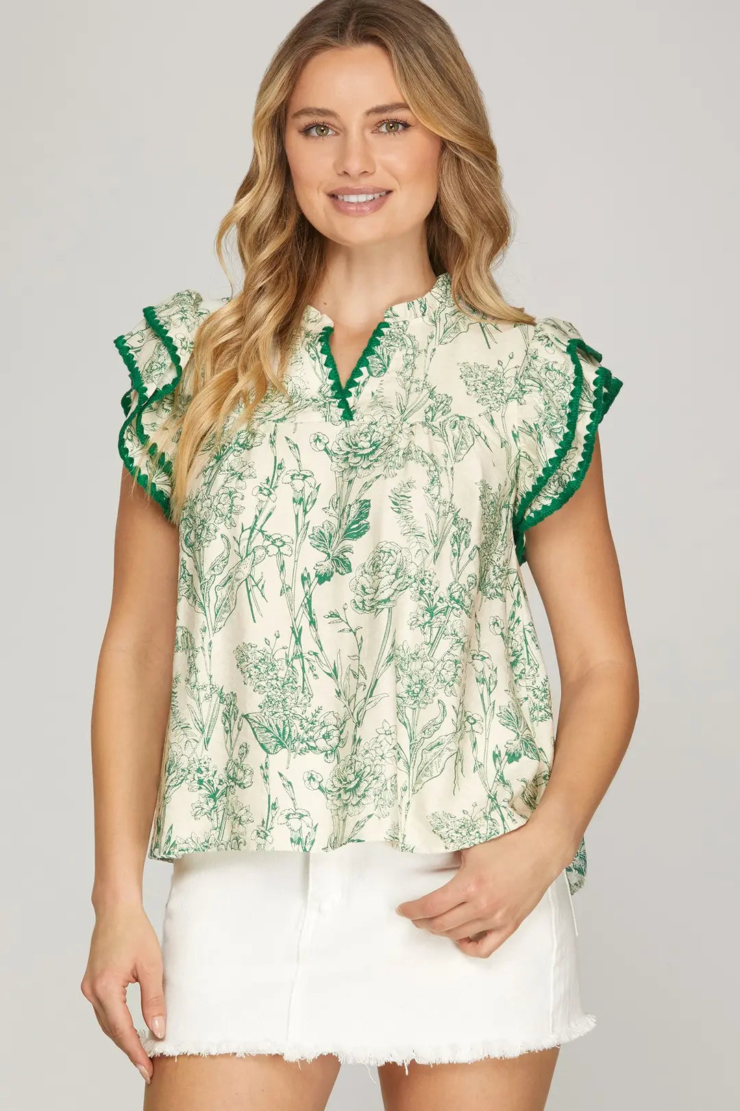 SHE + SKY RUFFLE SLEEVE WITH CONTRAST STITCH PRINTED WOVEN TOP-GREEN