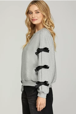 SHE & SKY LONG SLEEVE KNIT FRENCH TERRY SWEATSHIRT TOP WITH TIED RIBBON