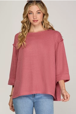 She + Sky 3/4 FOLDED SLEEVE KNIT TOP-Dusty Rose