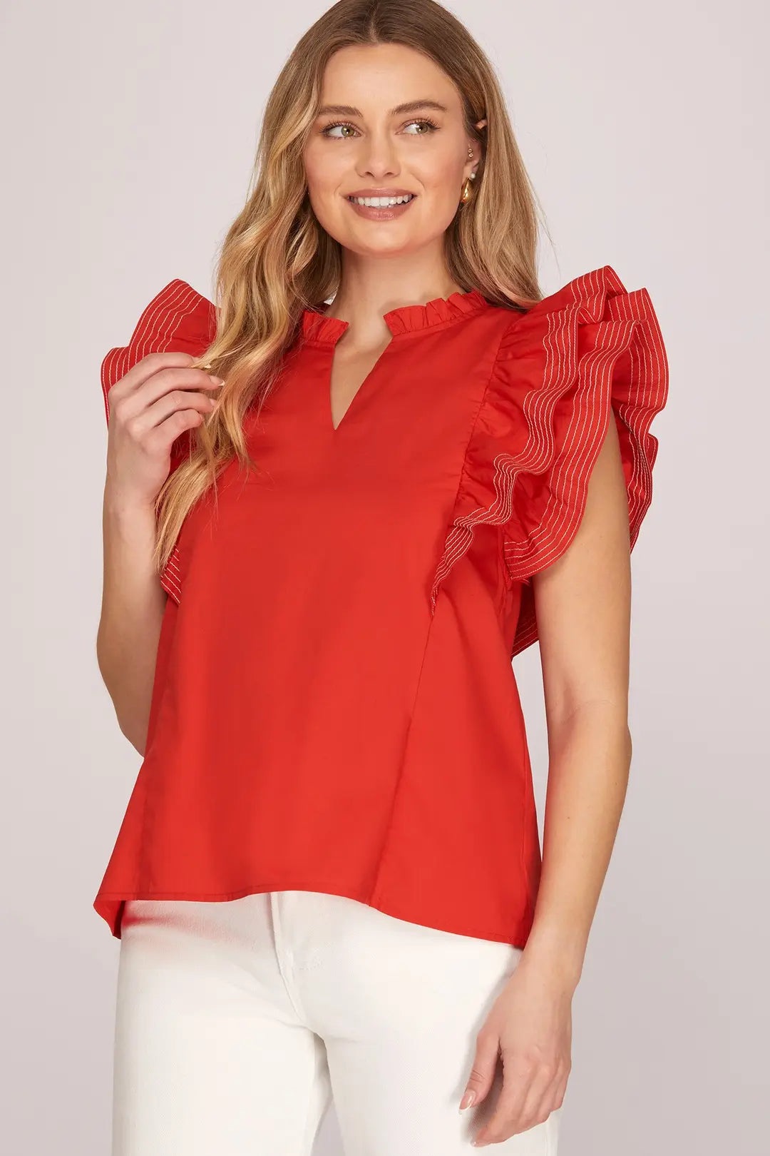 SHE + SKY RUFFLE SLEEVE STITCH DETAIL GAME DAY WOVEN TOP-RED