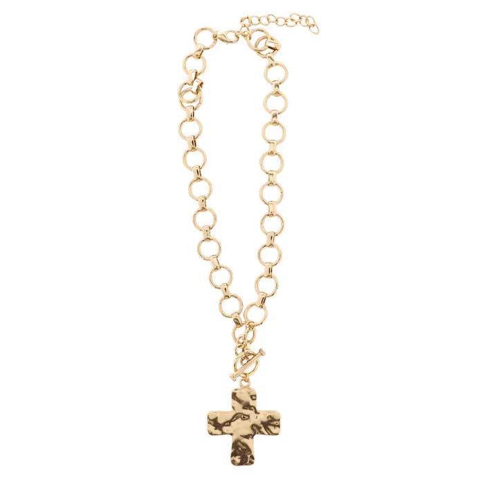 Jane Marie 18K Gold Plated Circle Link Necklace with Hammered Cross
