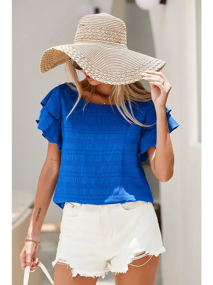 Textured Ruffled Sleeve Round Neck Top