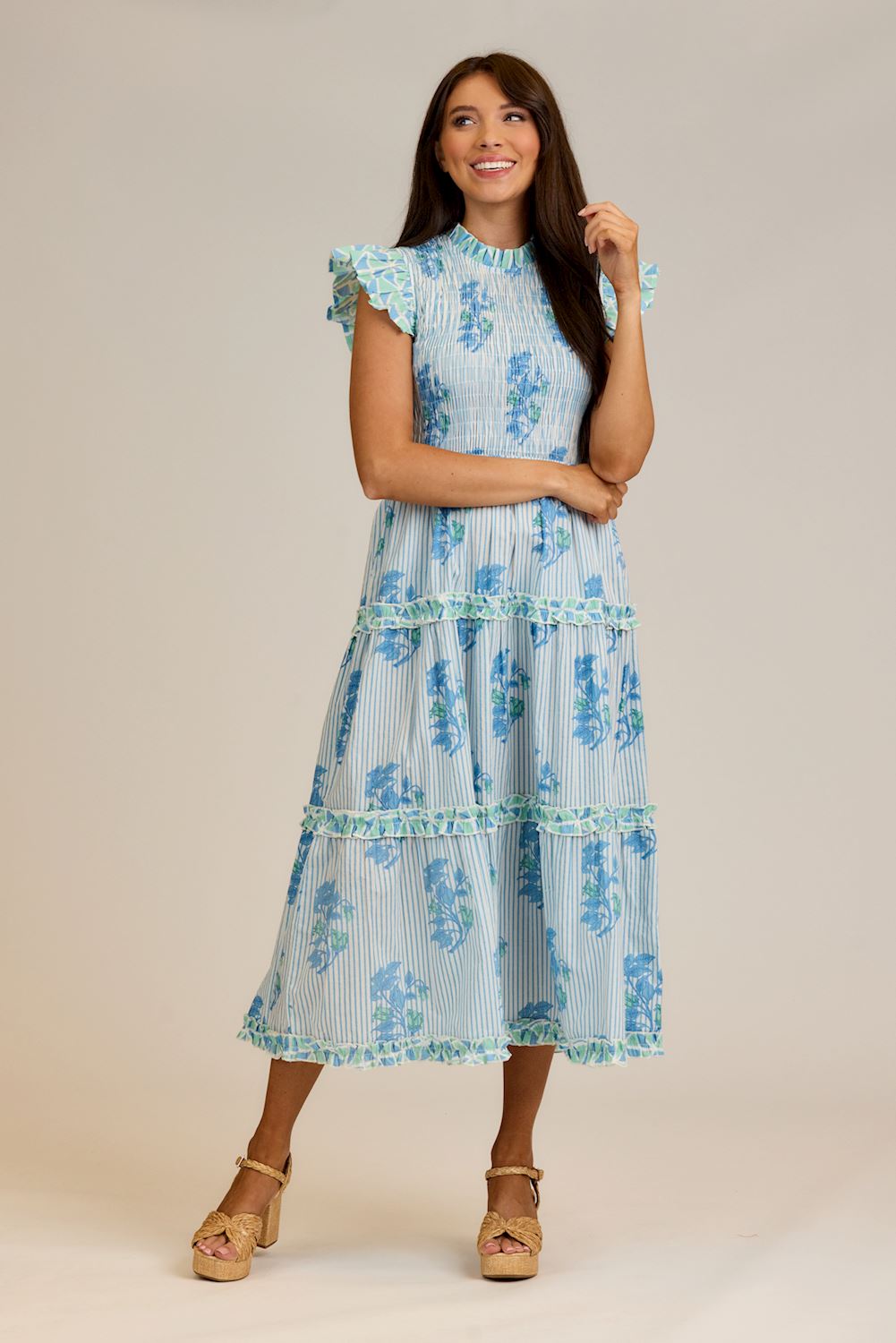 MUD PIE PERIN SMOCKED MIDI DRESS-BLUE