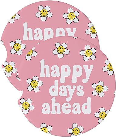 Mary Square Happy Days Ahead Pink Floral  Ceramic Absorbent Car Coaster