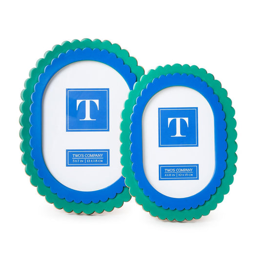 TWO'S COMPANY DOUBLE SCALLOPED EDGE BLUE/GREEN PHOTO FRAME-4x6