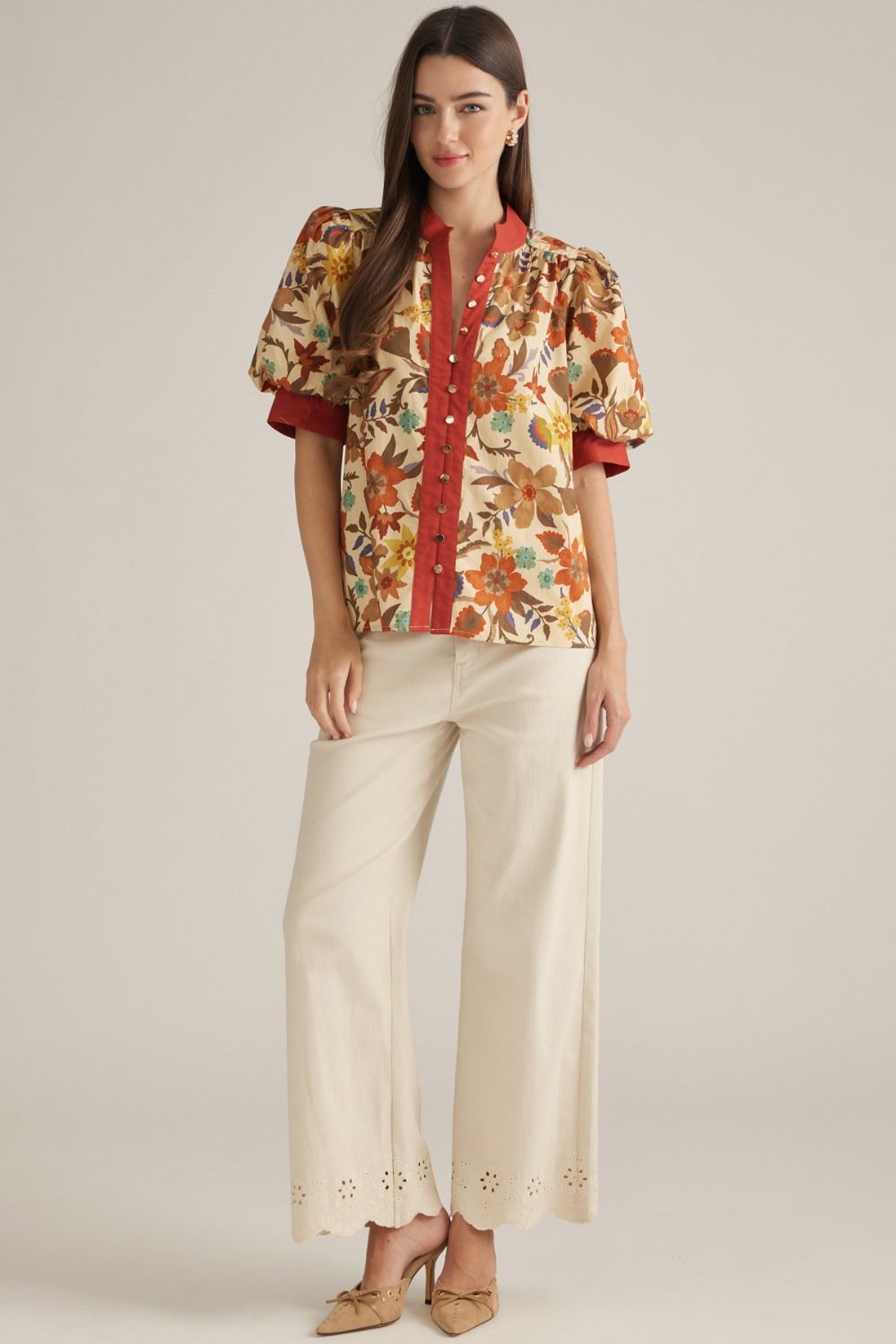 Entro Printed Short Puff Sleeve Top